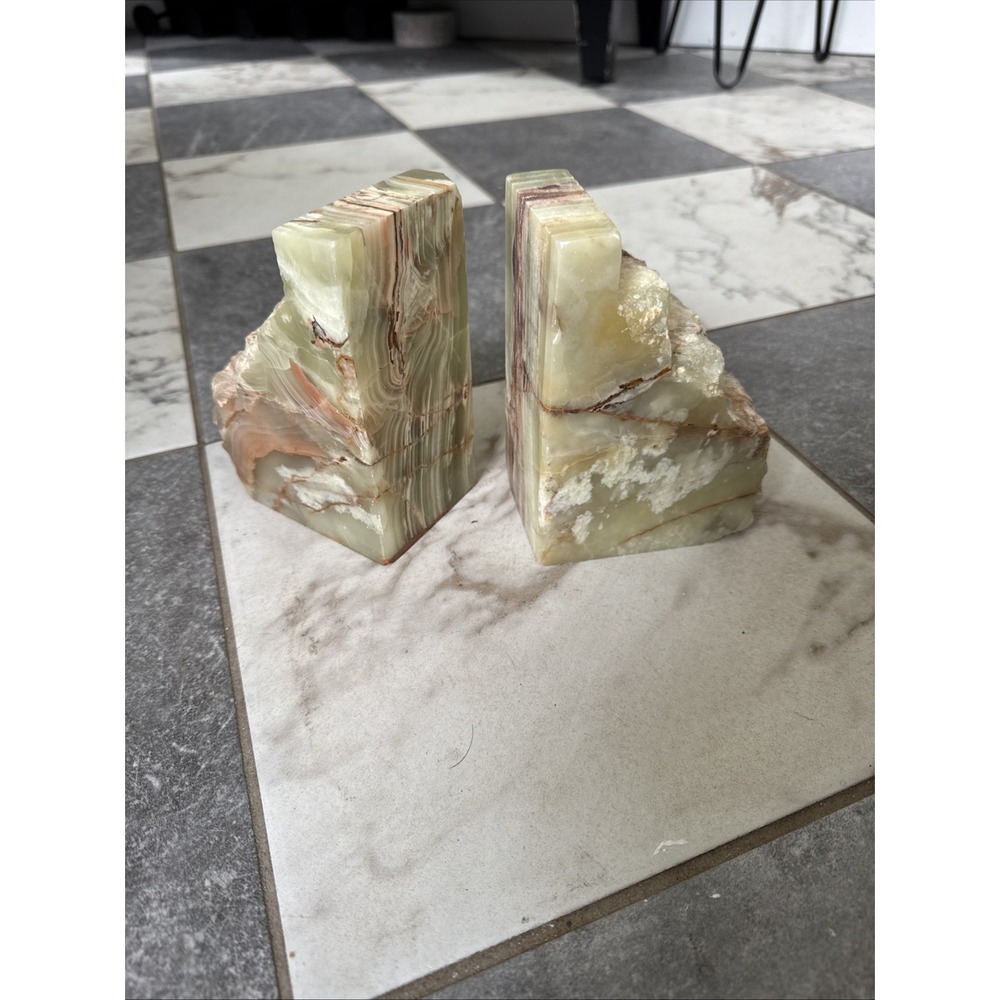 Vintage Green & Brown & White Onyx Natural Polished Marble Bookends (Pair)